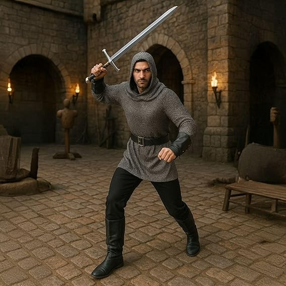 Men`s Medieval Knight Costume Adult Chain Mail Shirt Crusader M - 3XL Halloween