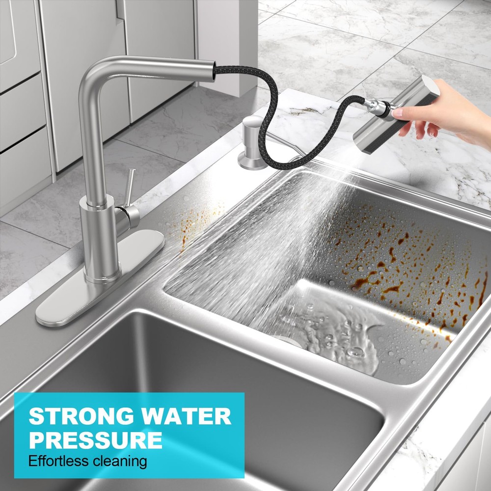 Brushed Nickel Kitchen Faucets with Pull Down Sprayer & Soap Dispenser, Singl...