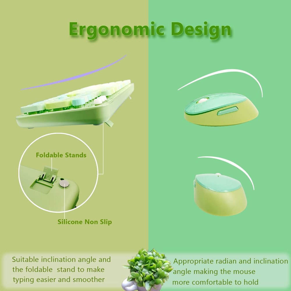 Wireless Keyboard and Mouse Combo Retro Typewriter Ergonomic Set Green