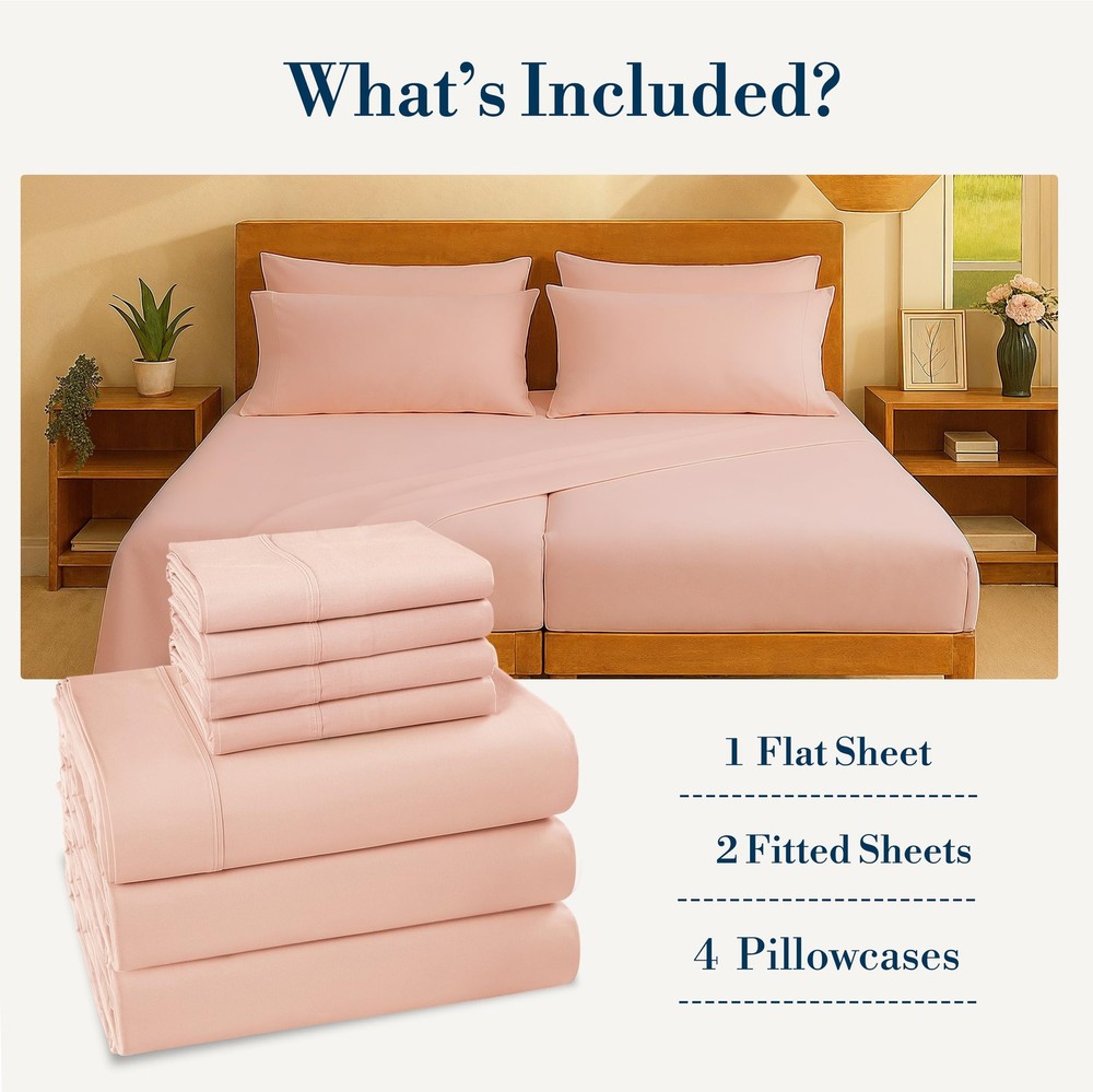 100% Cotton Split King Size Sheets Set – 7 Piece Crisp Percale Split King Siz...