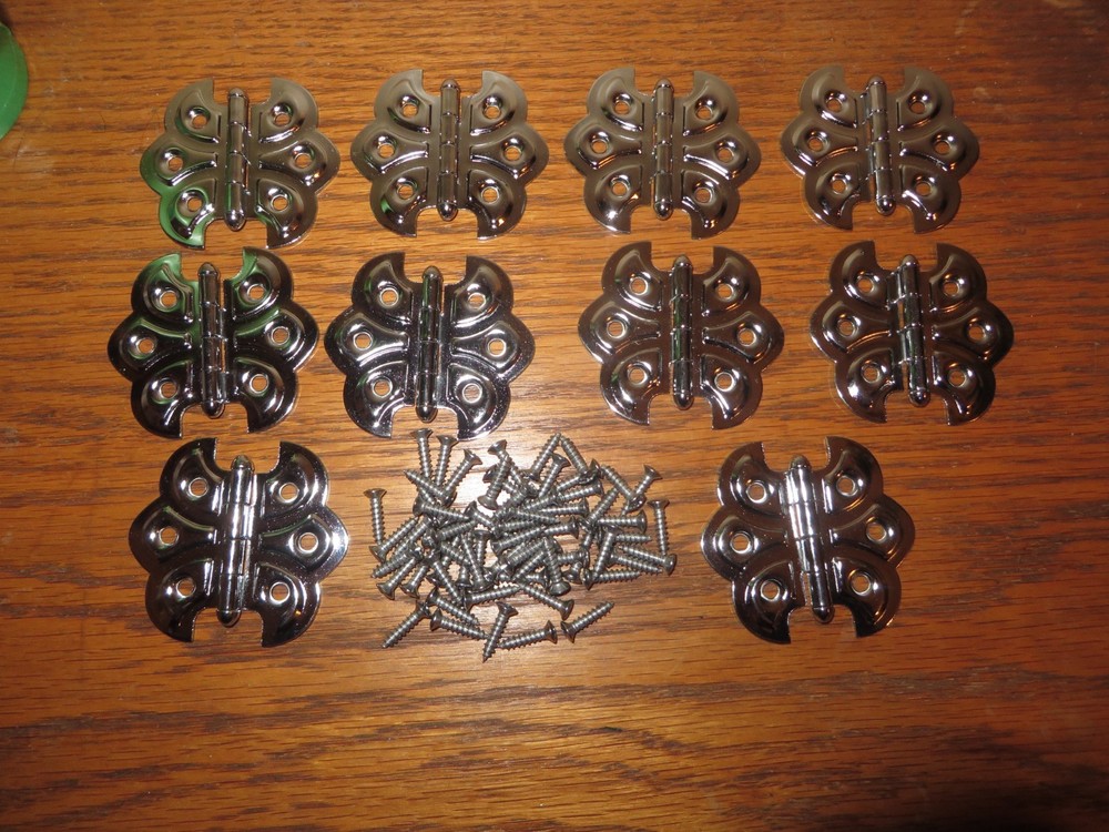 10 VINTAGE FLEUR DE LIS PATTERN BUTTERFLY HINGES w Screws