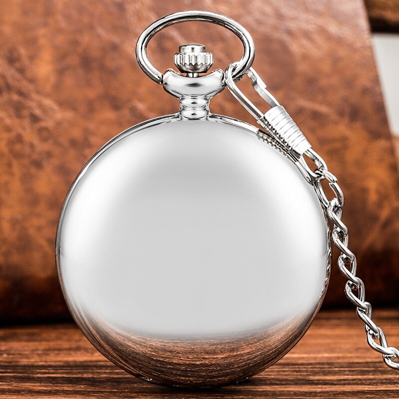 Silver Smooth Quartz Pocket Watch Roman Numerals Dial Fob Chain for Men Women
