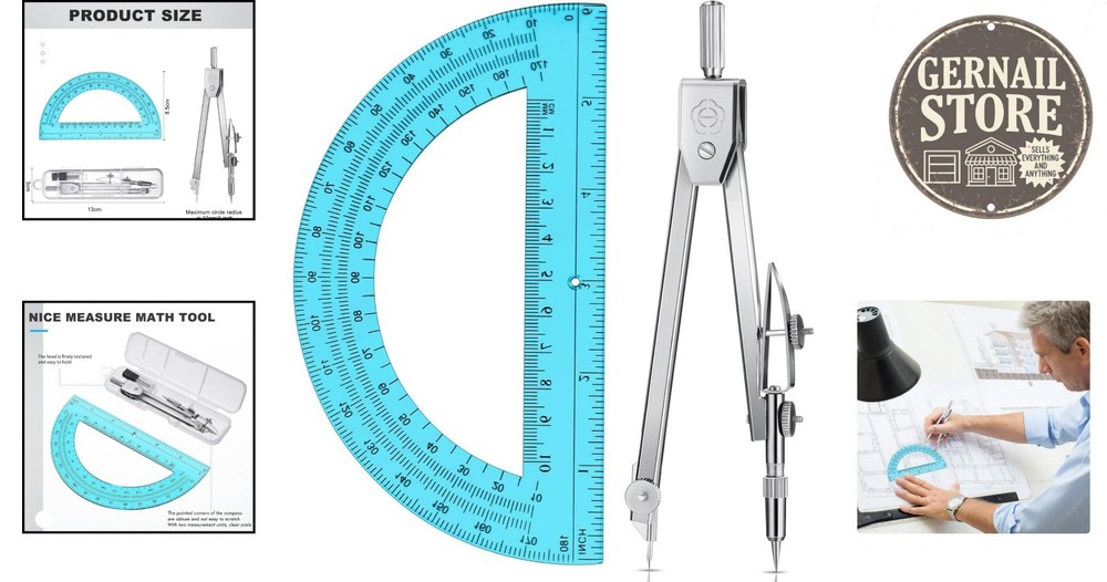 Compact Geometry Math Set: Blue Compass & 6-Inch Protractor for Precision