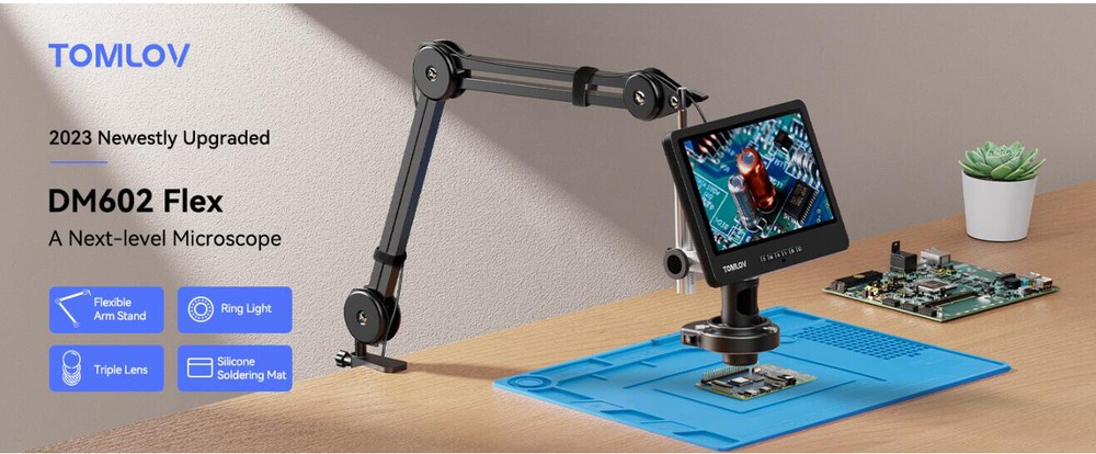 TOMLOV Digital Soldering Microscope 2000X 360° Flex Arm Stand Coin Microscope