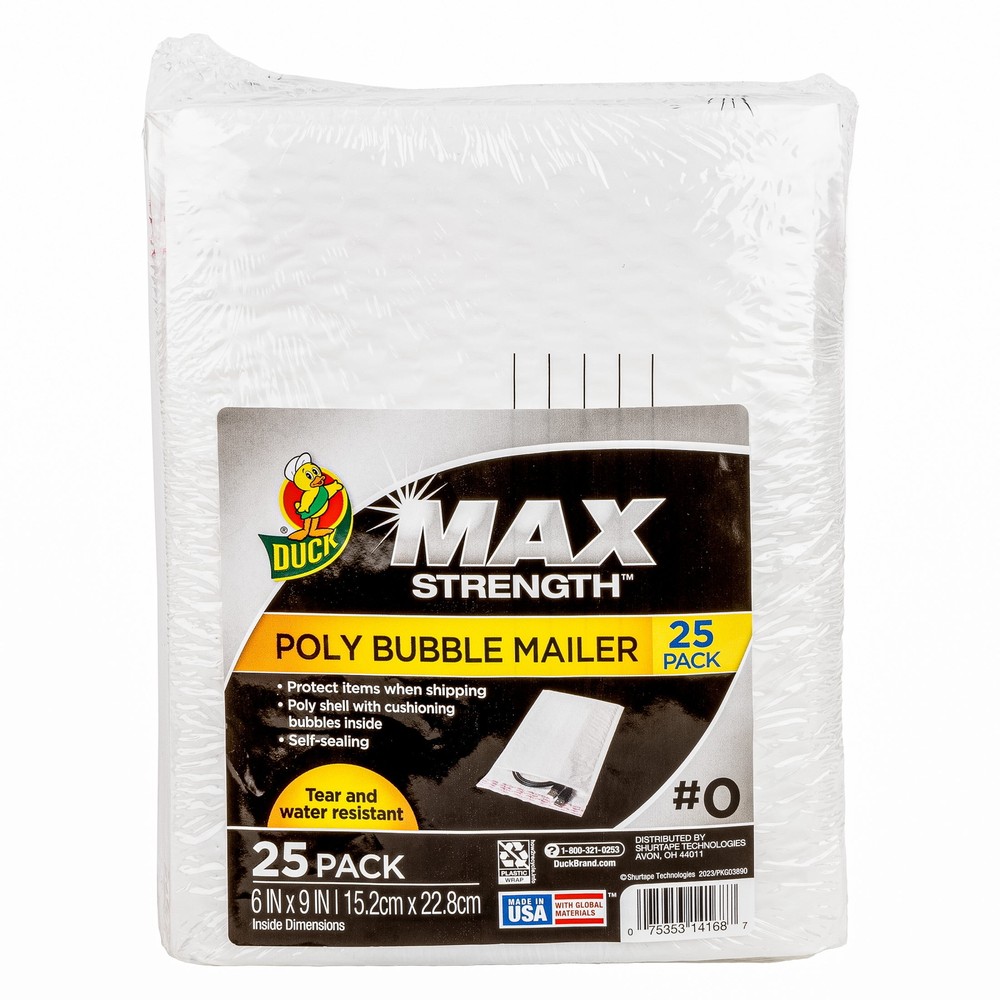 Duck Max Strength Self-Sealing Poly Bubble Mailer, 6" x 9", Solid White, 25 Pack