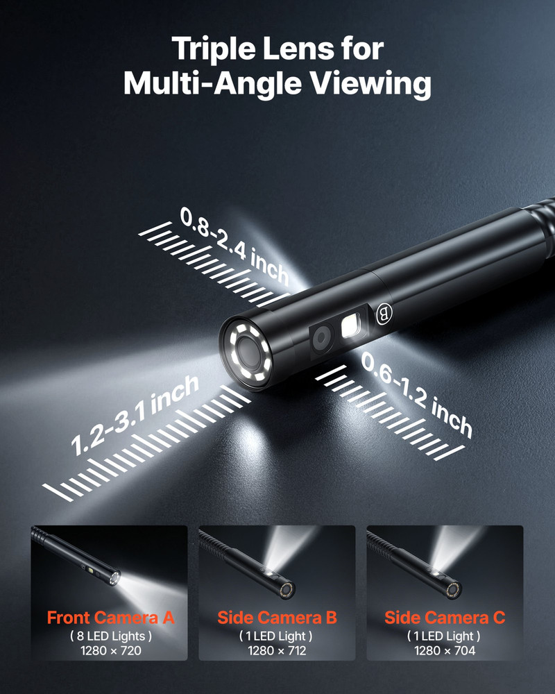 Triple Lens Endoscope with Light, Plumbing (4.9FT Cable)