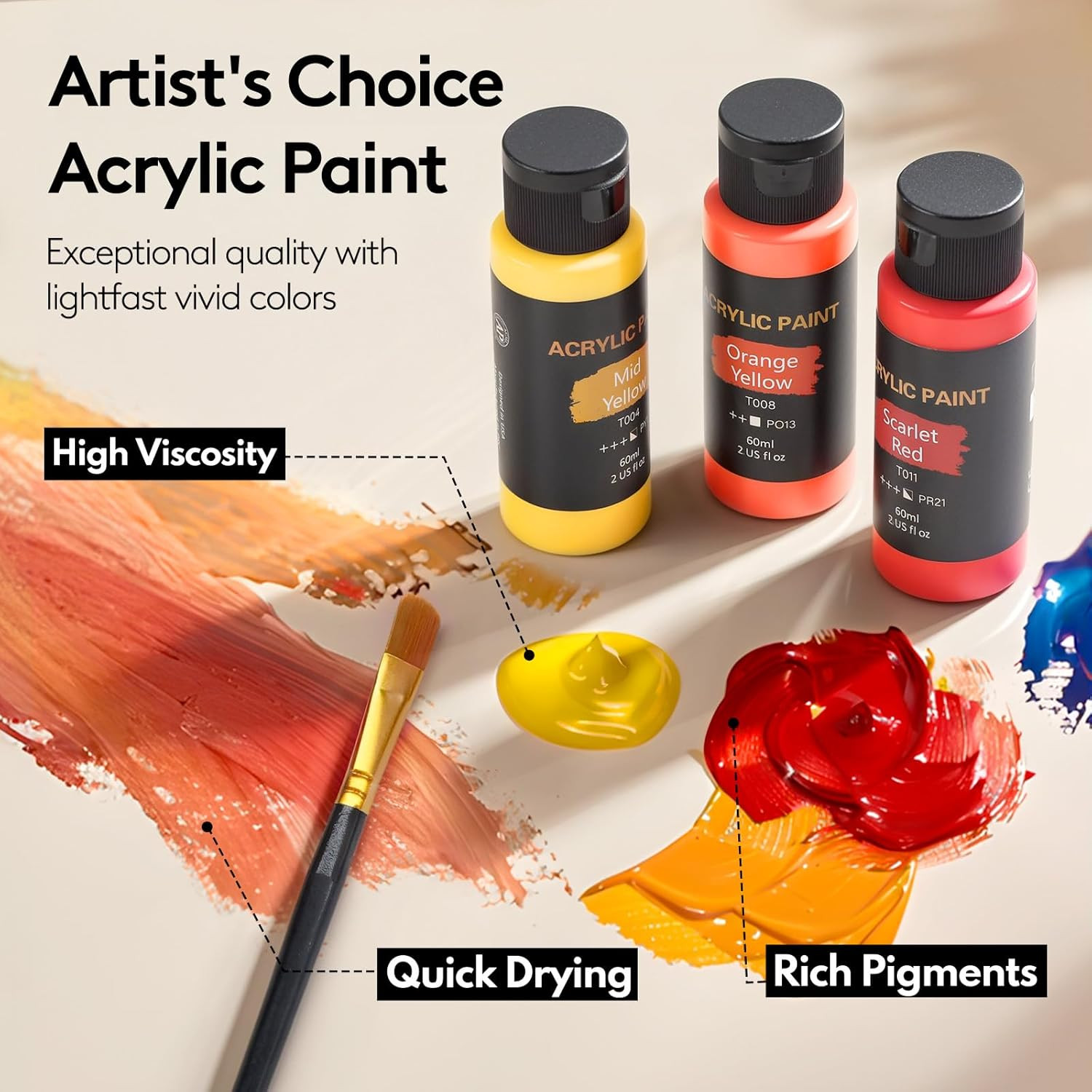 Acrylic Paint Set, 24 Colors (2 oz/Bottle) with 12 Art Brushes, Art Supplies for