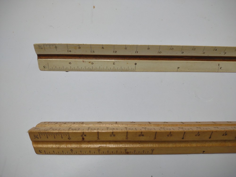2 Vintage Triangle wood 12" rulers for drafting, architecture, engineering