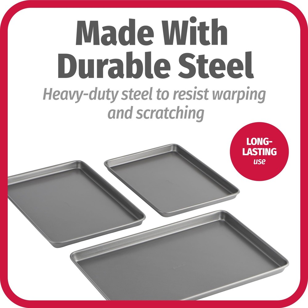 GoodCook Nonstick Baking Sheet Set, 3 Pack-Small, Medium & Large Pan-Gray