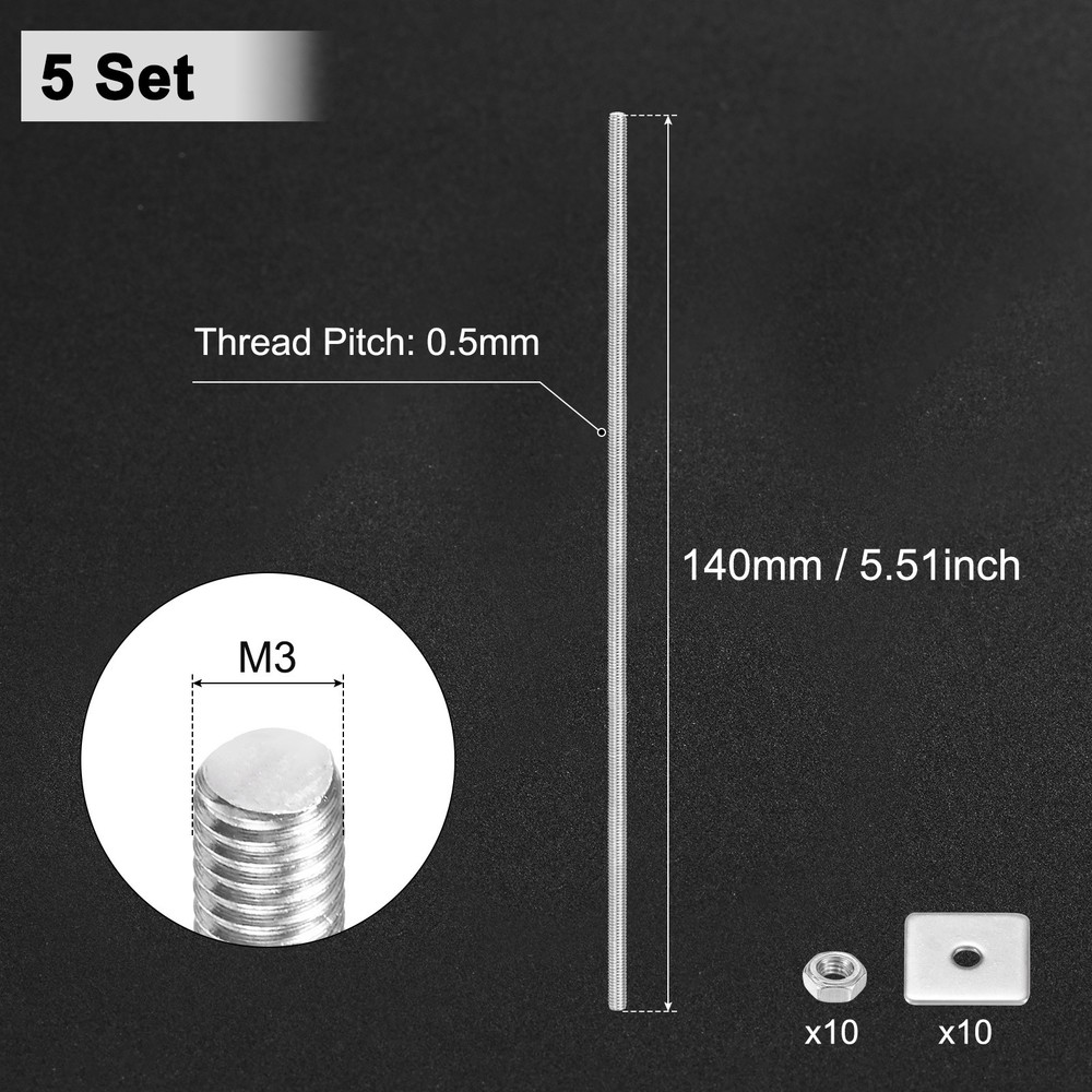 5-Set Fully Threaded Rod, M3x140mm Right Hand Thread Bar Studs with Nuts