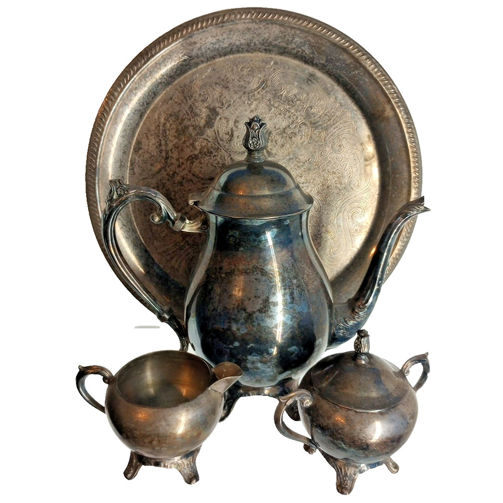 FB Rogers Silver Plated Tea Set 5pc Vintage 1970s Tarnished
