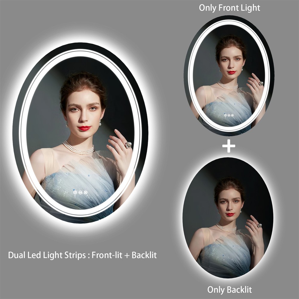 Modern Oval LED Bathroom Mirror Frontlit&Backlit AntiFog Dimmable Vanity Makeup