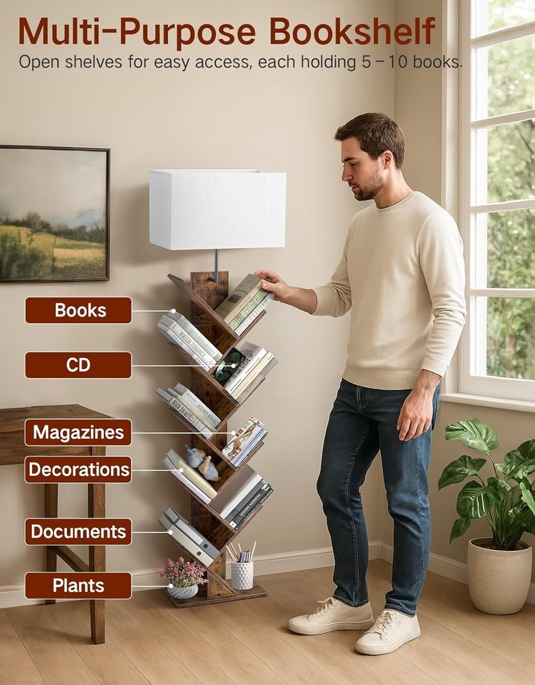 9 Tier Tree Bookshelf with Light, Remote & Timer, Modern Tall Floor Standing ...