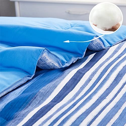 7 Piece Bed in a Bag Stripe Comforter Set Queen Size, White and Blue Patchwork