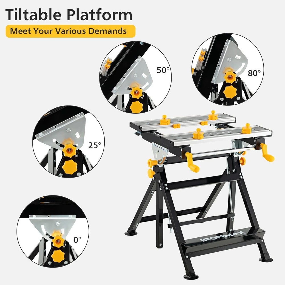 Goplus Portable Workbench, Folding Work Table w/Tiltable Platform, Metal