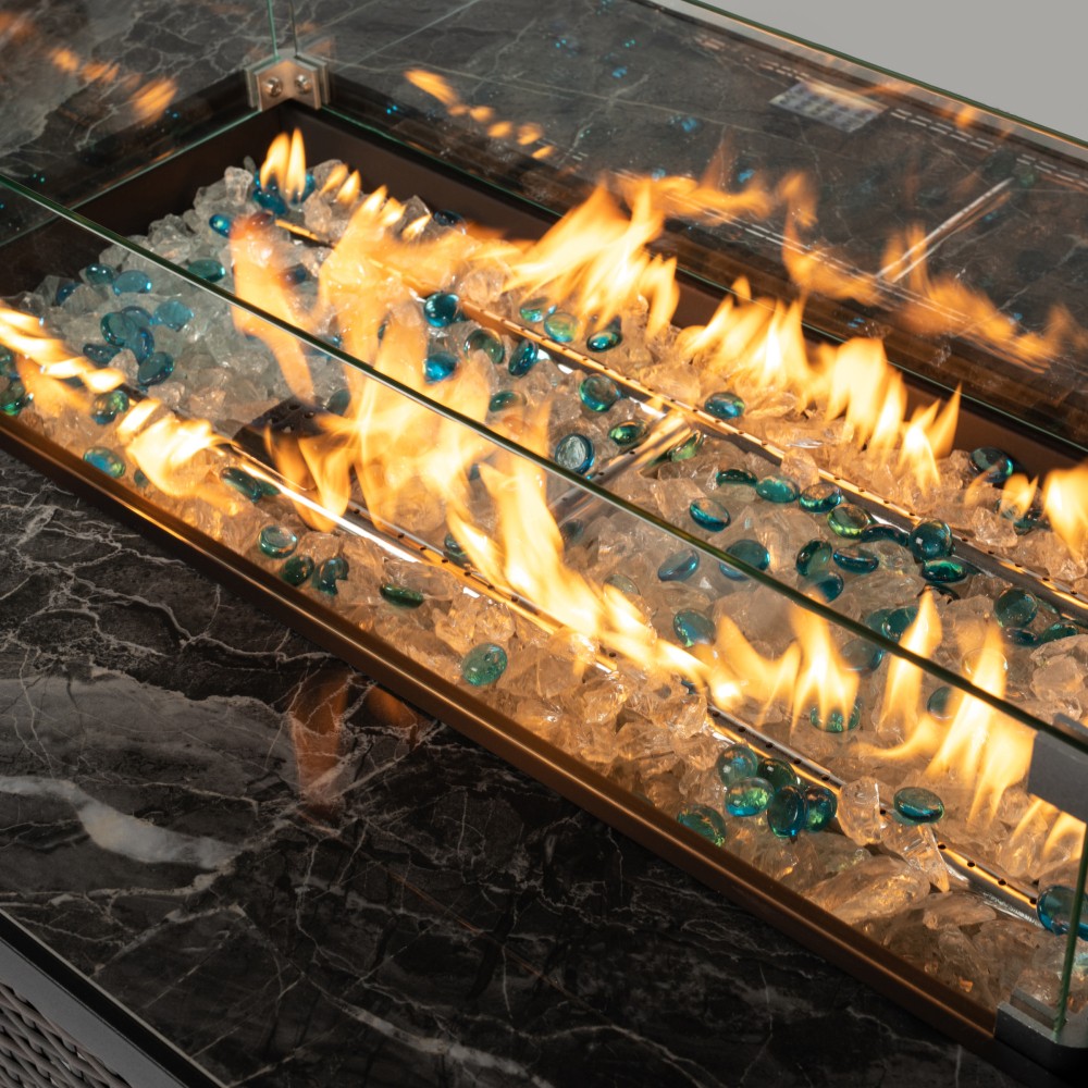 44" Rectangular Propane Fire Pit Table 50,000 BTU, Tile Top & Wicker Base Brown