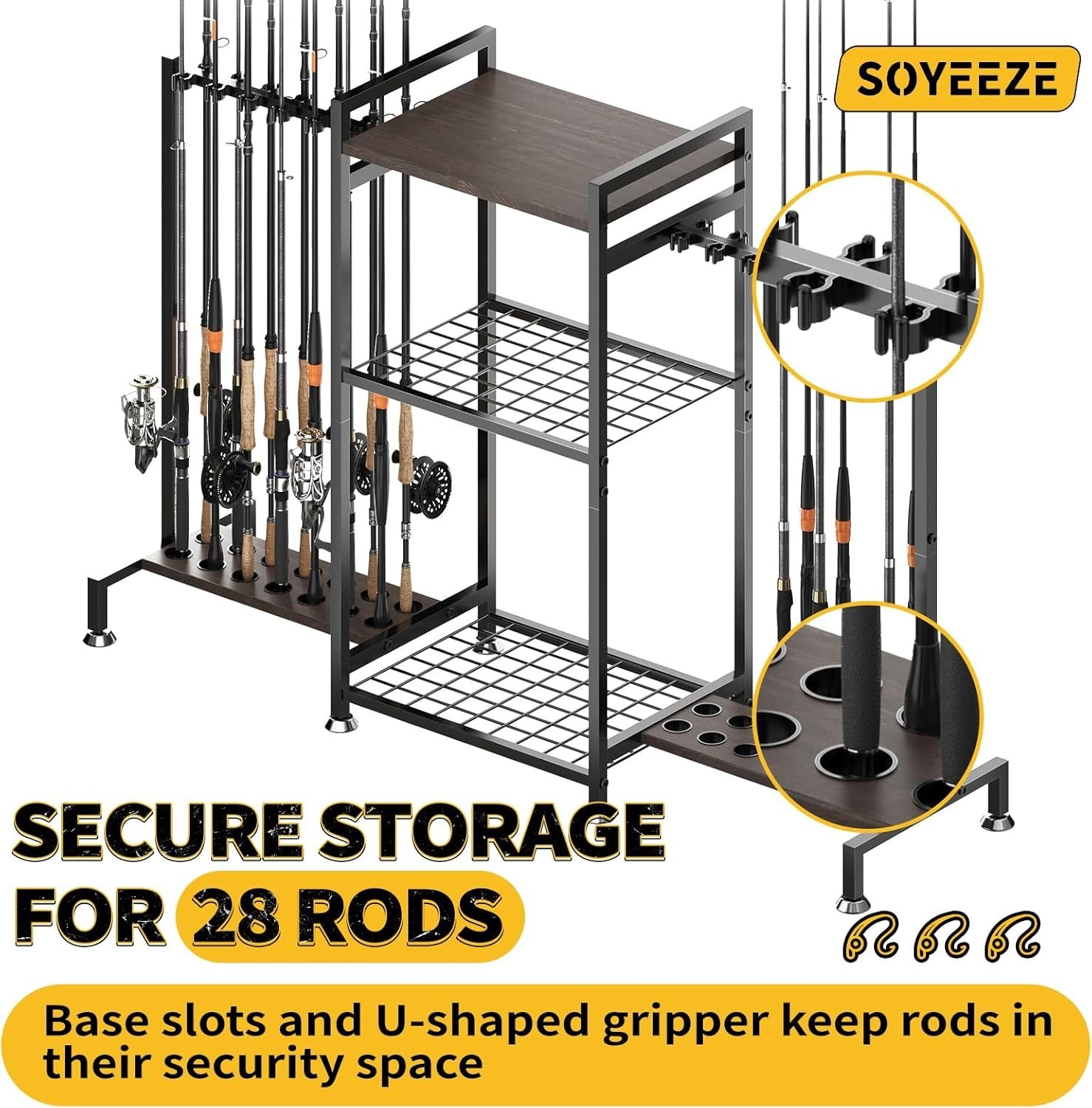 Fishing Rod Holder Stand for 28 Rods 3 Sided Vertical Rack Garage Storage Tackle