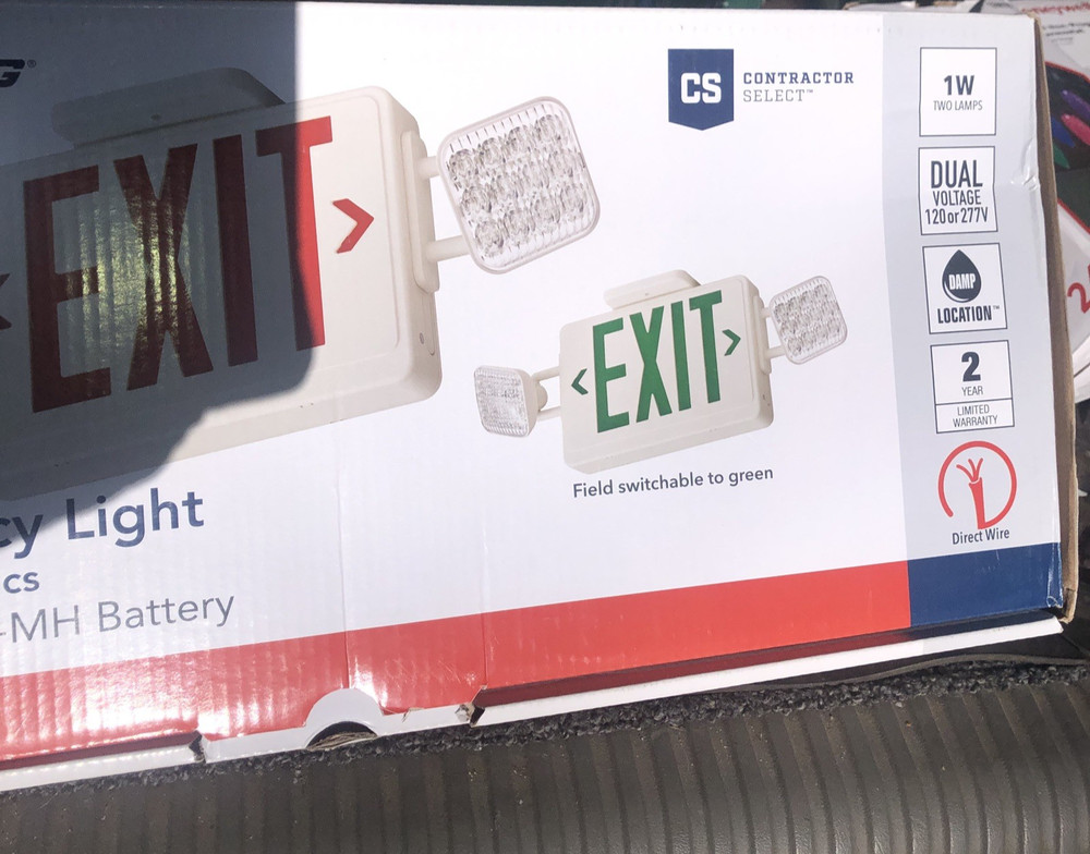 LITHONIA LED EXIT & EMERGENCY LIGHT SIGN COMBO ADJUSTABLE OPTICS RED/GREEN NEW