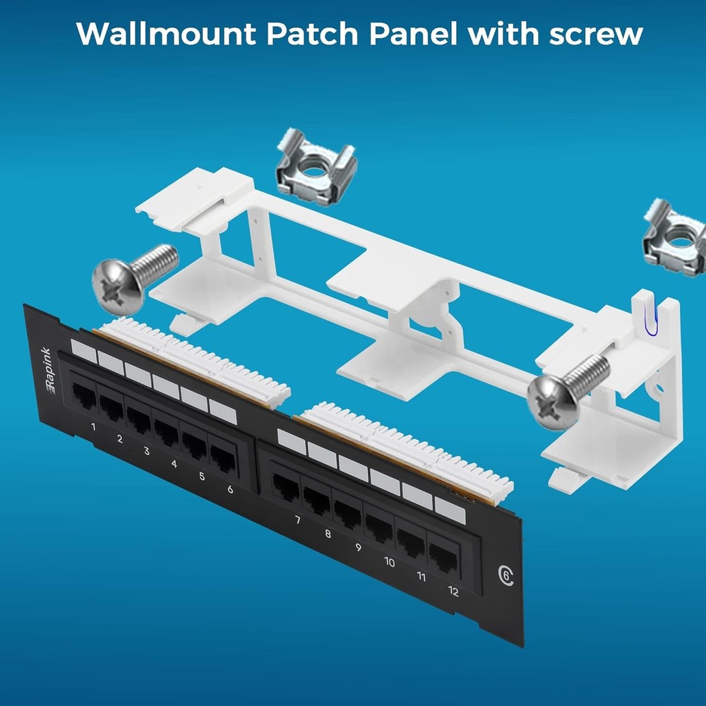 Cat6 Patch Panel 12 Port 10G Network Wallmount 1U Ethernet Punch Down Block