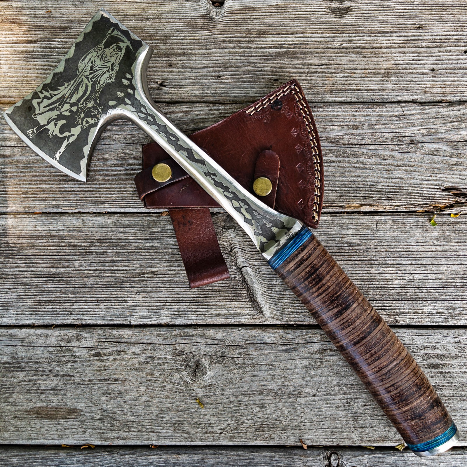 Custom Engraved Grim Reaper Hunting Axe Carbon Steel Full Tang Hatchet Wood Grip