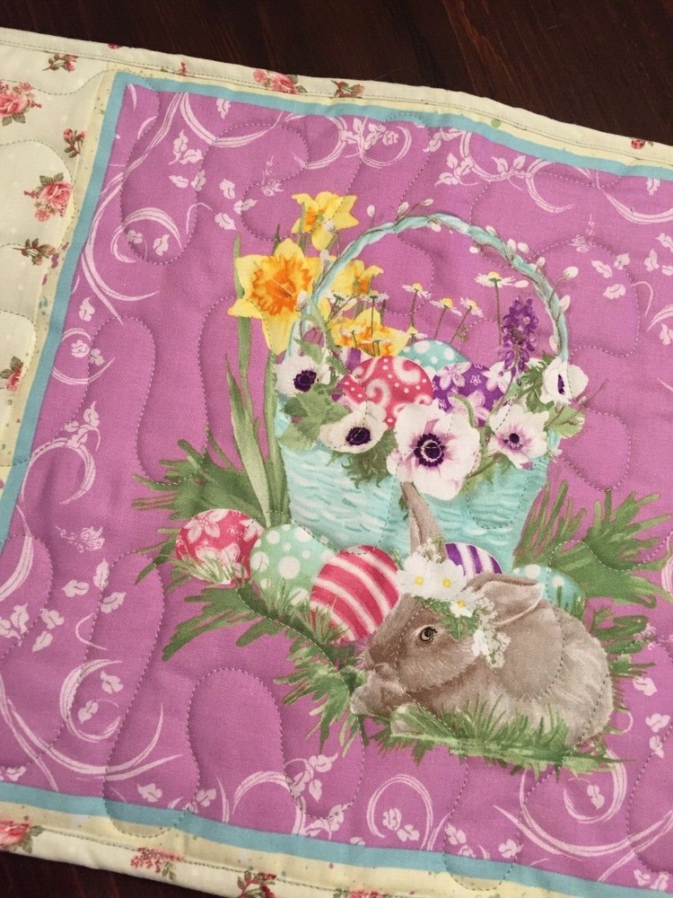 Handcrafted-Quilted Table Runner-Easter Print - Easter Bunny, Flower Print Sides