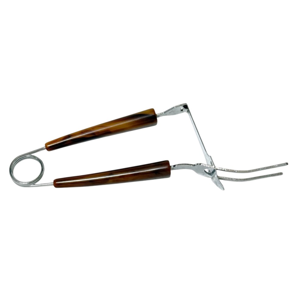 Vtg Two Prong Meat Server Tool with Bakelite Tortoiseshell Handles Springloaded