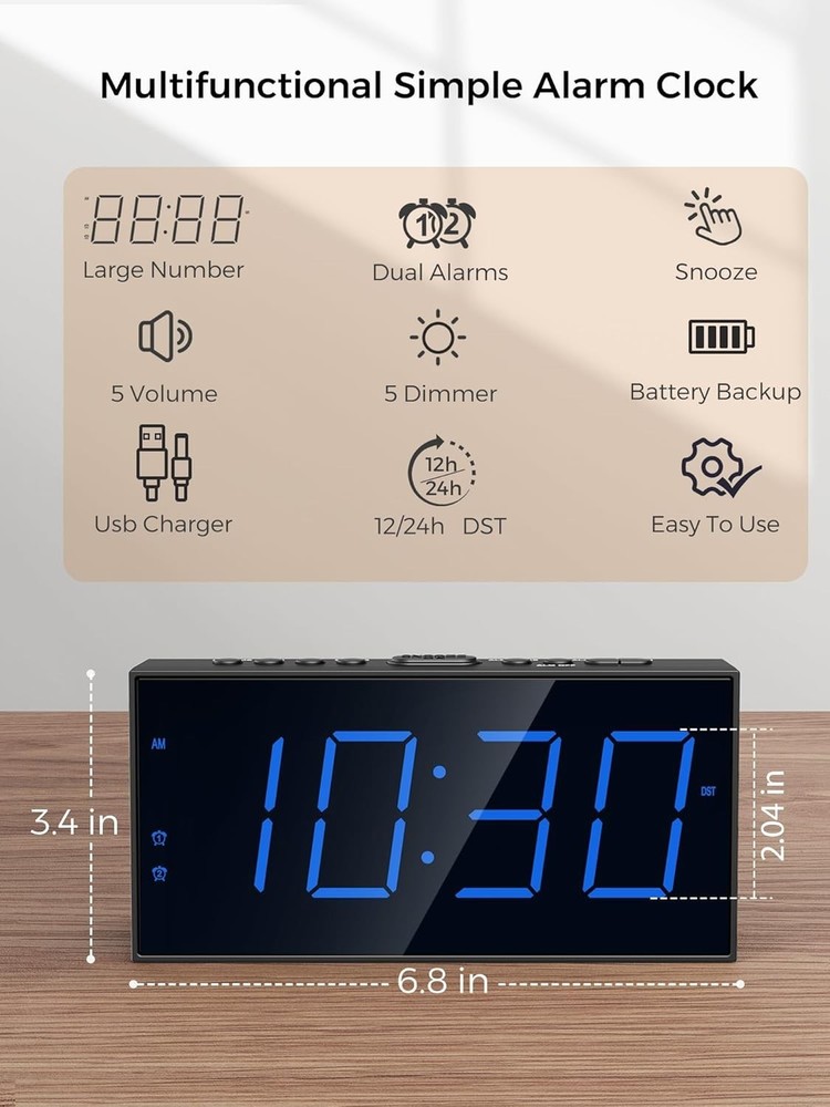 Modern Dual Alarm Clock with Extra Large Numbers & USB Charging for Easy Setup