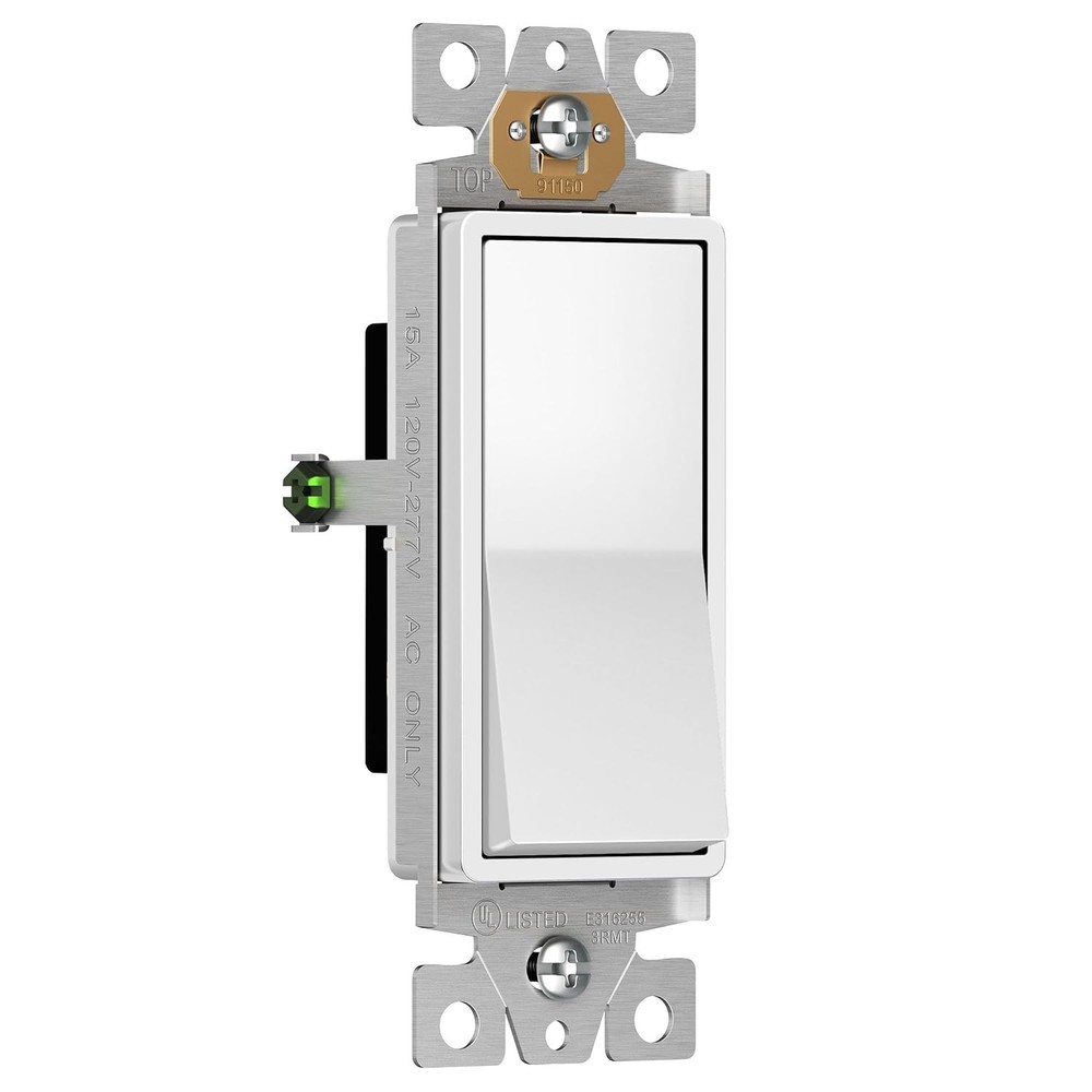 Decorator Paddle Rocker Light Switch, Gloss Finish, Single Pole, 3 Wire, Grou...