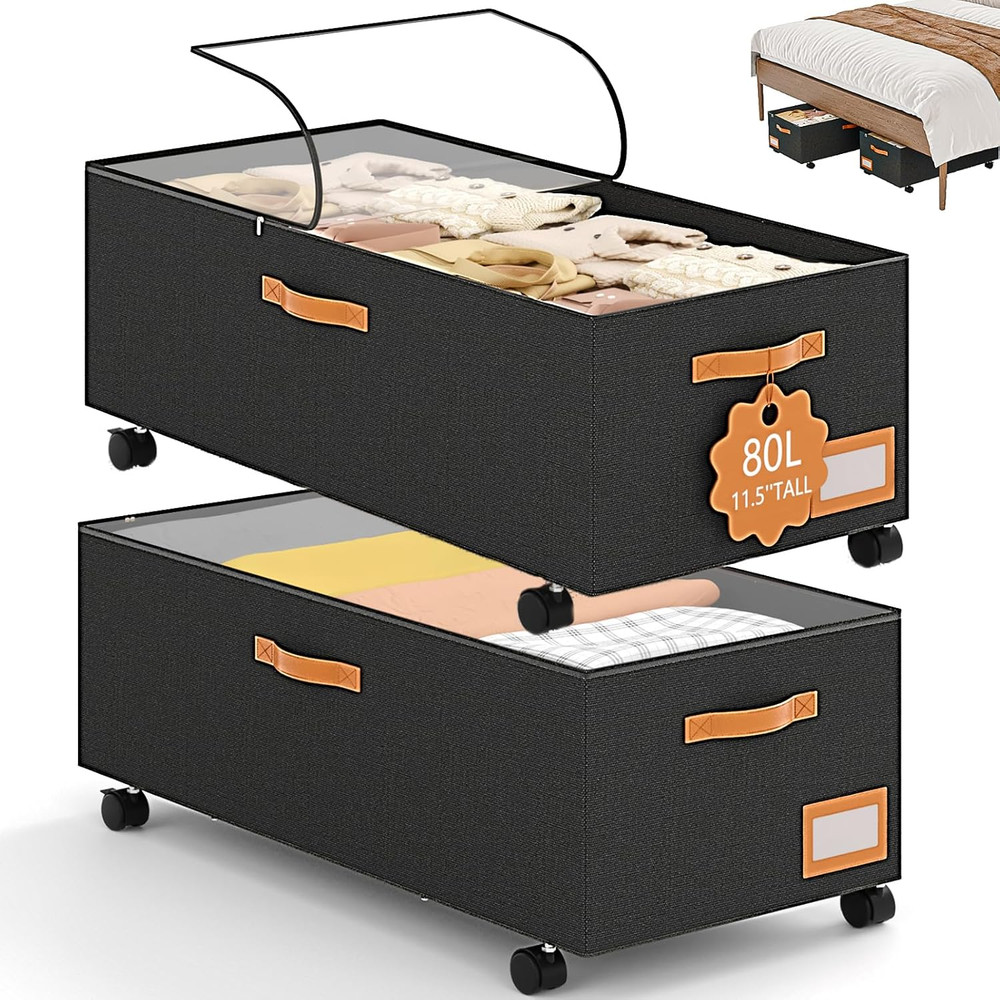 Under Bed Storage with Wheels,12Inch Underbed Storage Containers with Clear Lids