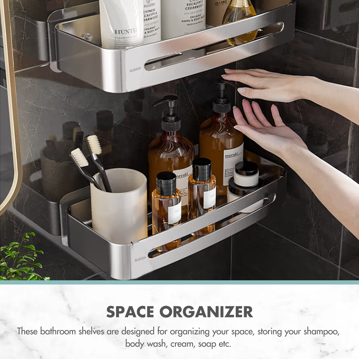 304 Shower Caddy Shelf Bathroom Bath Storage Holder Adhesive Organizer Rack 2pcs