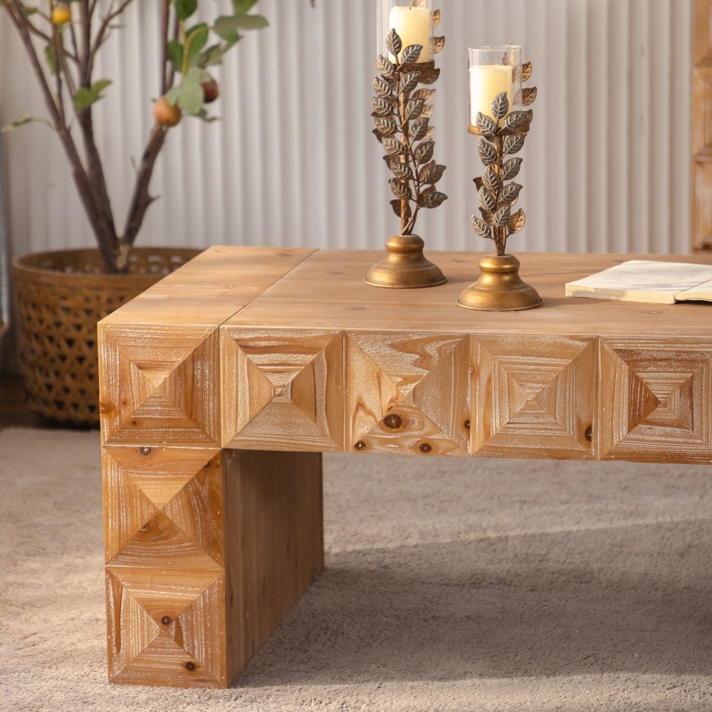 Rustic 3D Carved Geometric Relief Coffee Table, Solid Wood