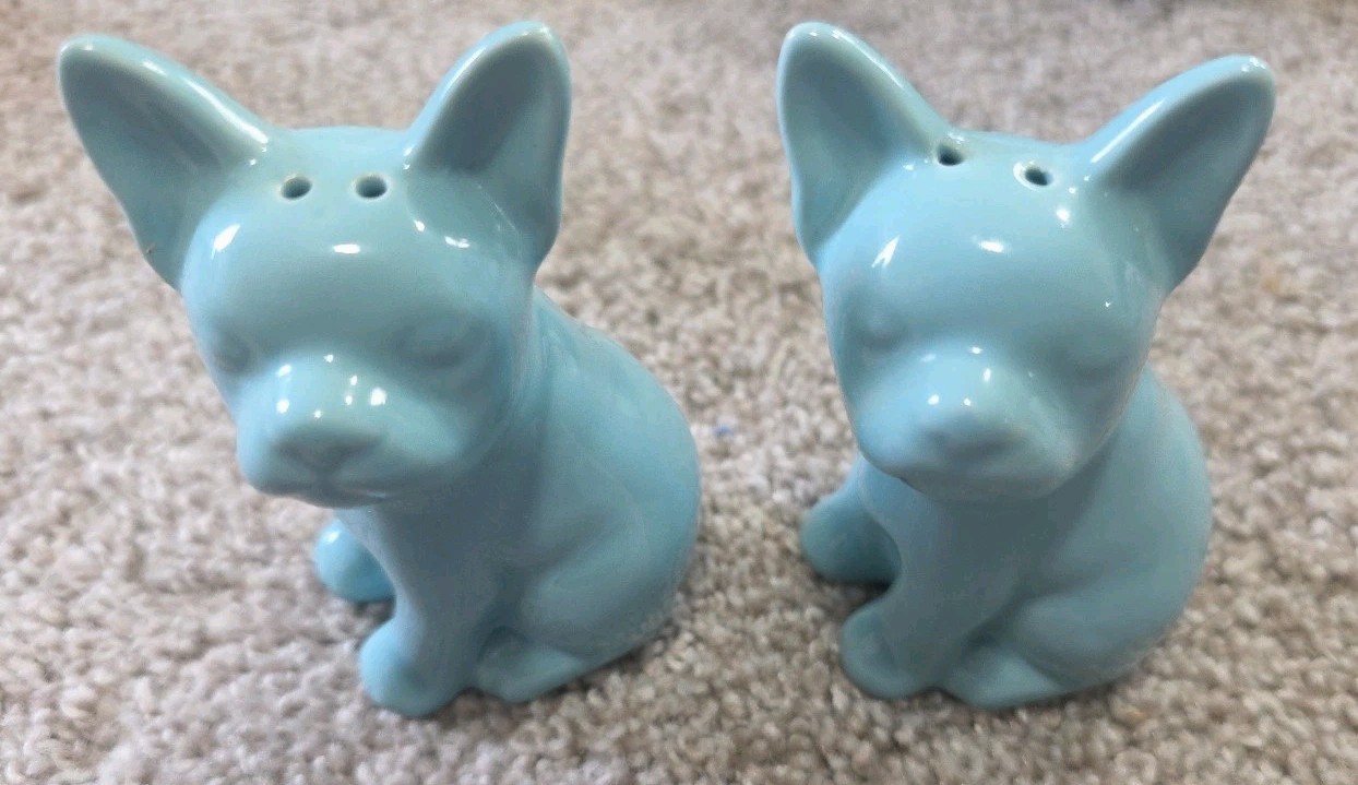 Set of turquoise/teal French Bulldog salt and pepper shakers