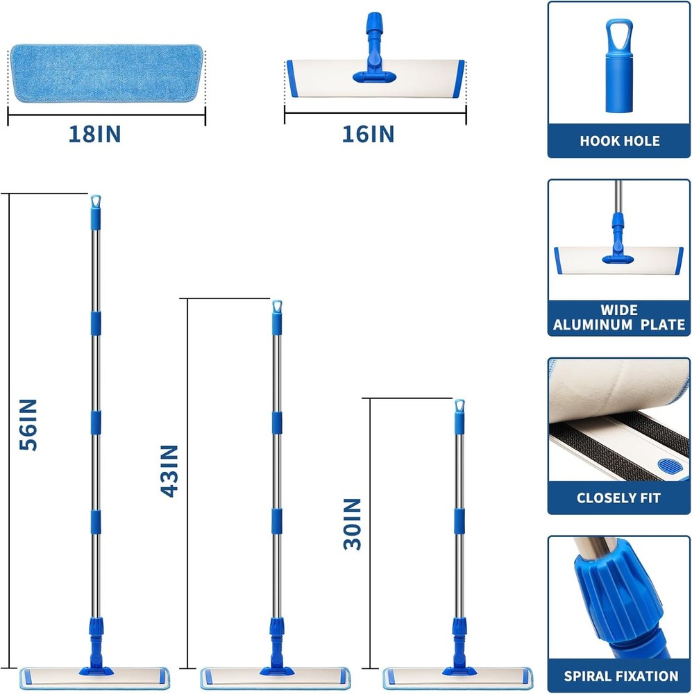 18" Professional Microfiber Mop Floor Cleaning, Flat with Stainless Blue