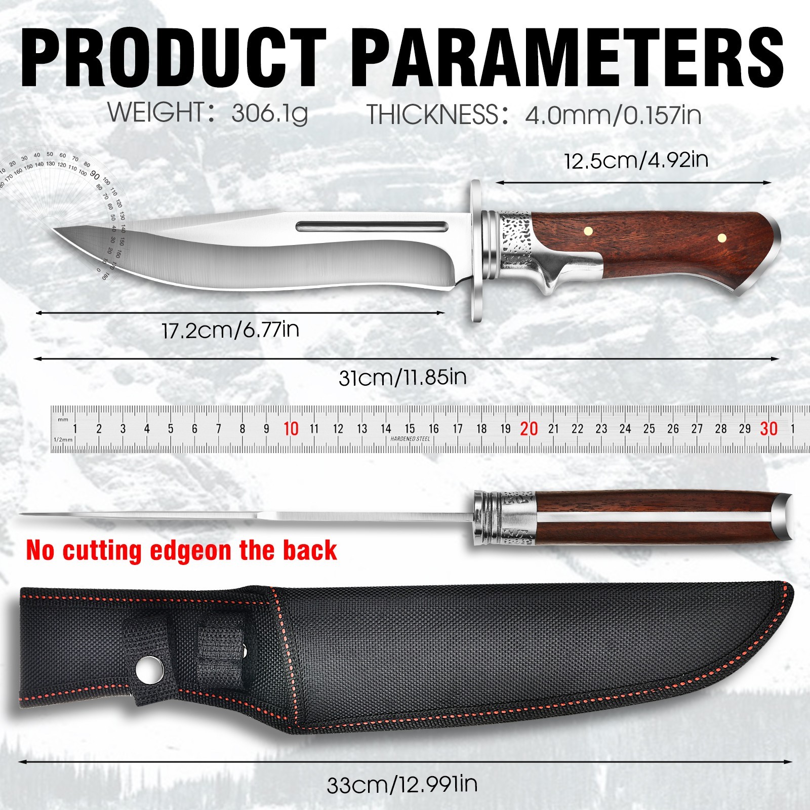 Outdoor Bowie Fixed Blade Knife with Wood Handle and Sheath