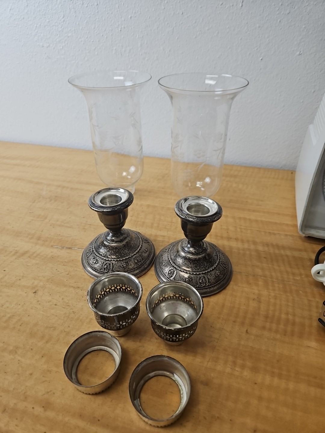 Pair Of Wallace 4640 Sterling & Glass Hurricane Candle Holders, Silver