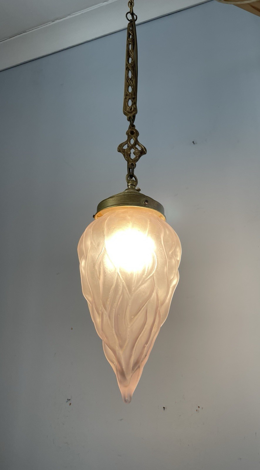 Art Deco French Ceiling Light With Hand Blown Flame Shade And Brass Fitting