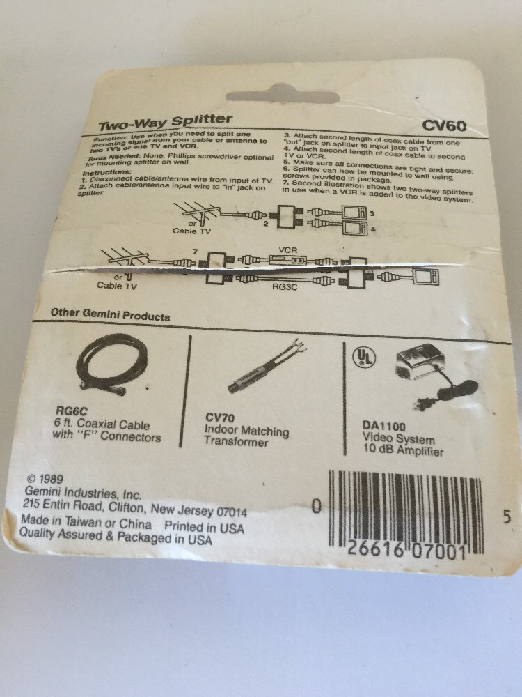 Gemini Video Two-way Splitter 75 Ohm CV60