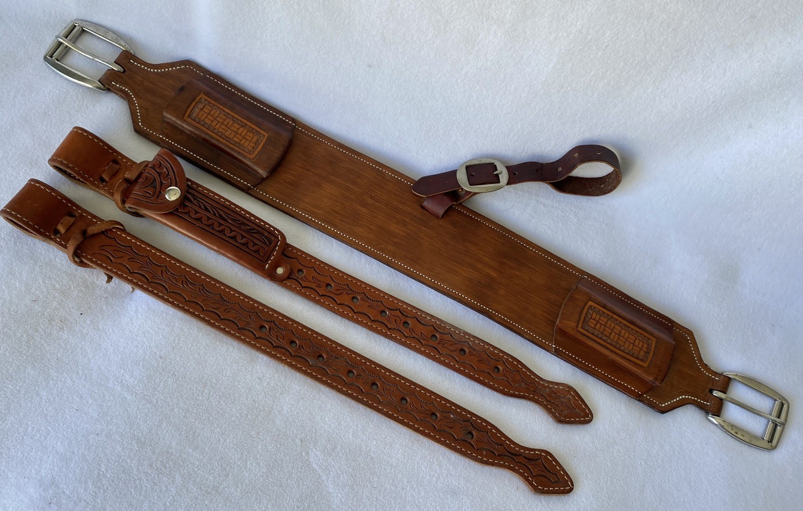 High QUALITY Double Stitch TOOLED Skirt Leather Back Flank Cinch &Billet SET~EUC