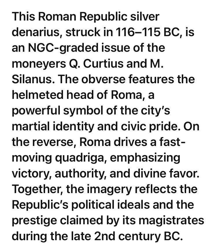 Silver Roman Republic Denarius 116BC-115BC NGC Graded VF Roma and Quadriga