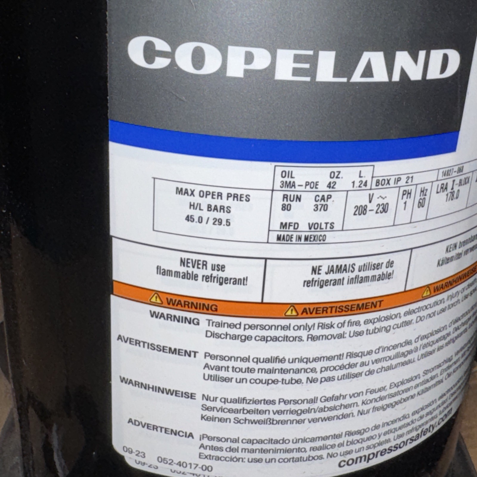 Copeland ZP61K5E-PFV-130 5 Ton A/C Scroll Compressor 230 Volt 1PH