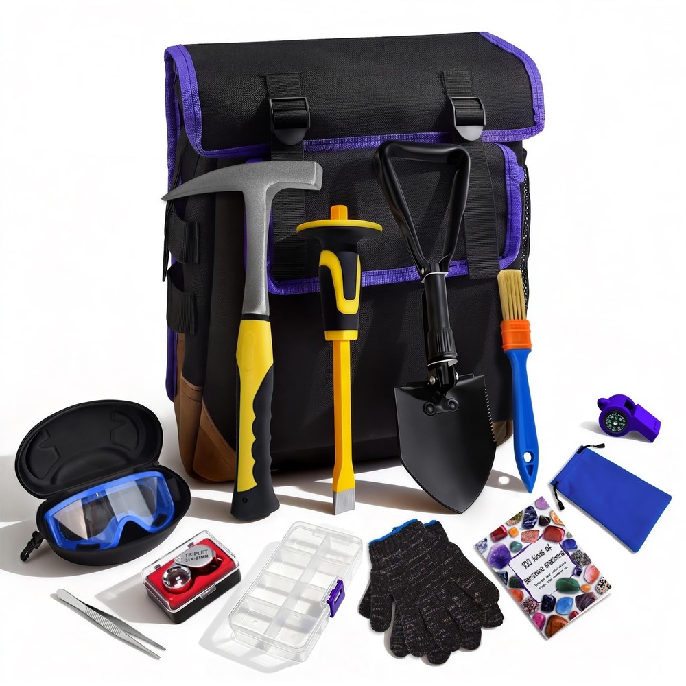 14PCS Rock Hounding Kit - 30oz Hammer, 12" Chisel, Gold Mining Tools, Backpack &