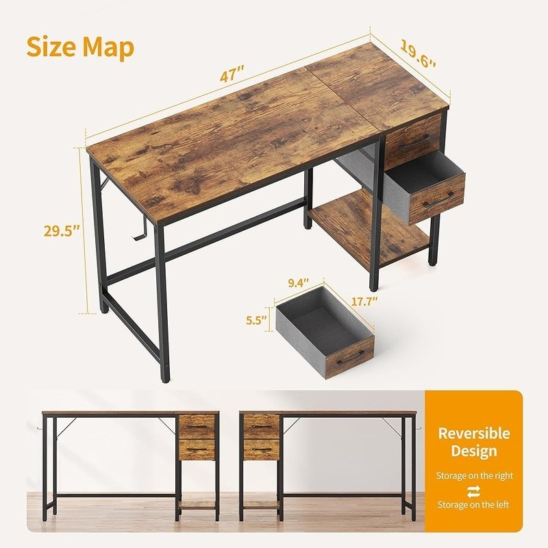 Small Computer Desk W/ Drawers & Shelf Reversible Design Office Gaming New