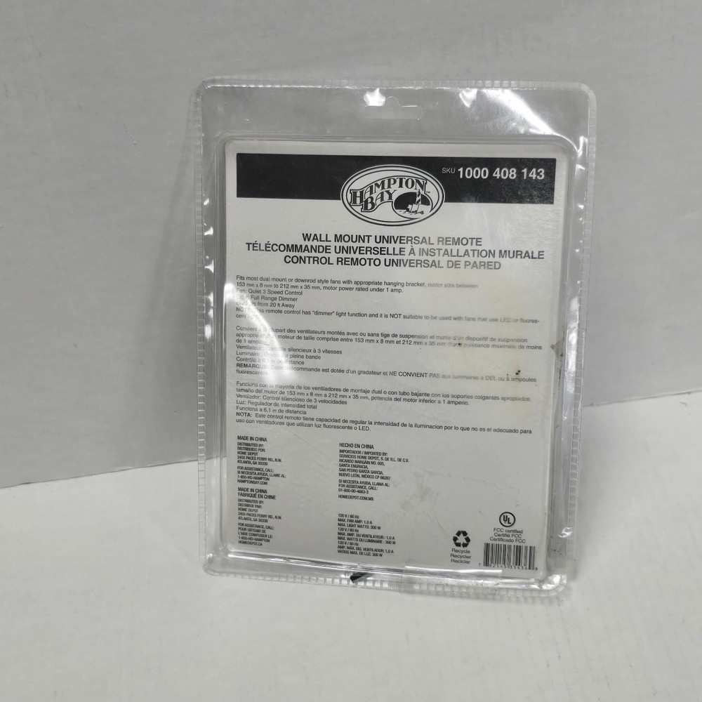 Hampton Bay 1000408143 Black White Wall Mount Universal Remote Control