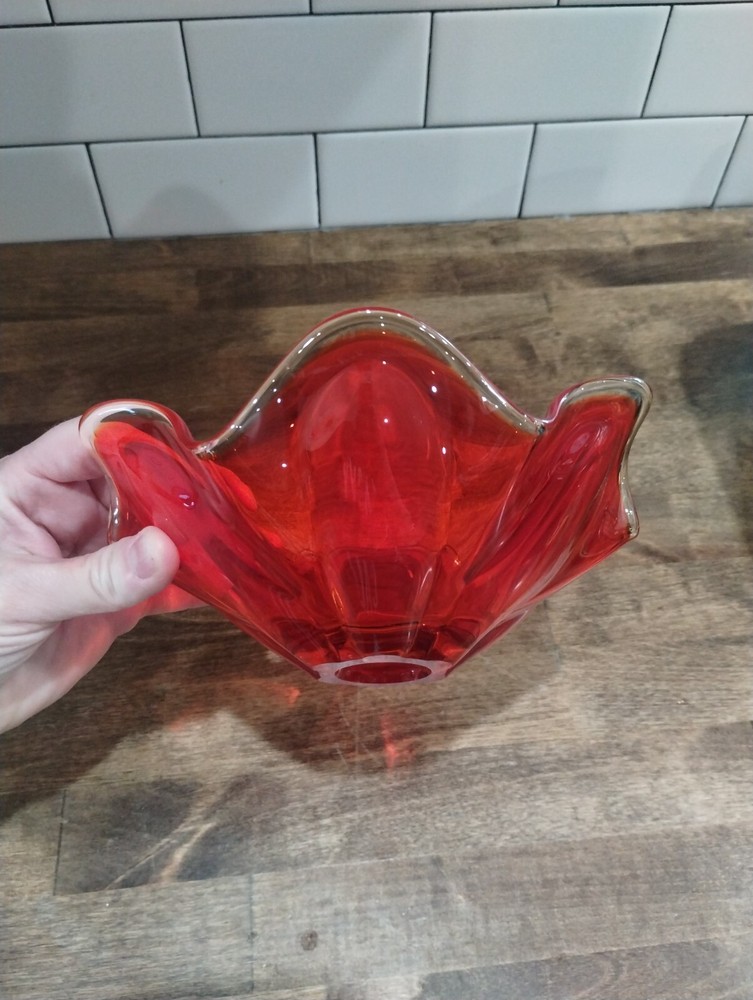 Vintage MCM L E Smith RED Glass Open Compote 8" EUC