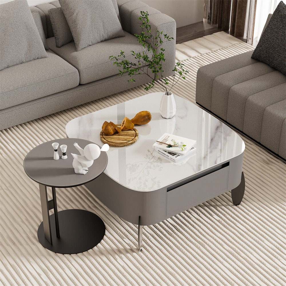 Square Marble Coffee Table Microfiber Saddle Leather Center Table with 2 Drawers