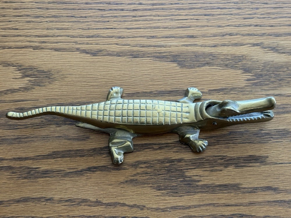 Vintage Solid Brass Alligator Crocodile Nutcracker MCM Figurine 10"