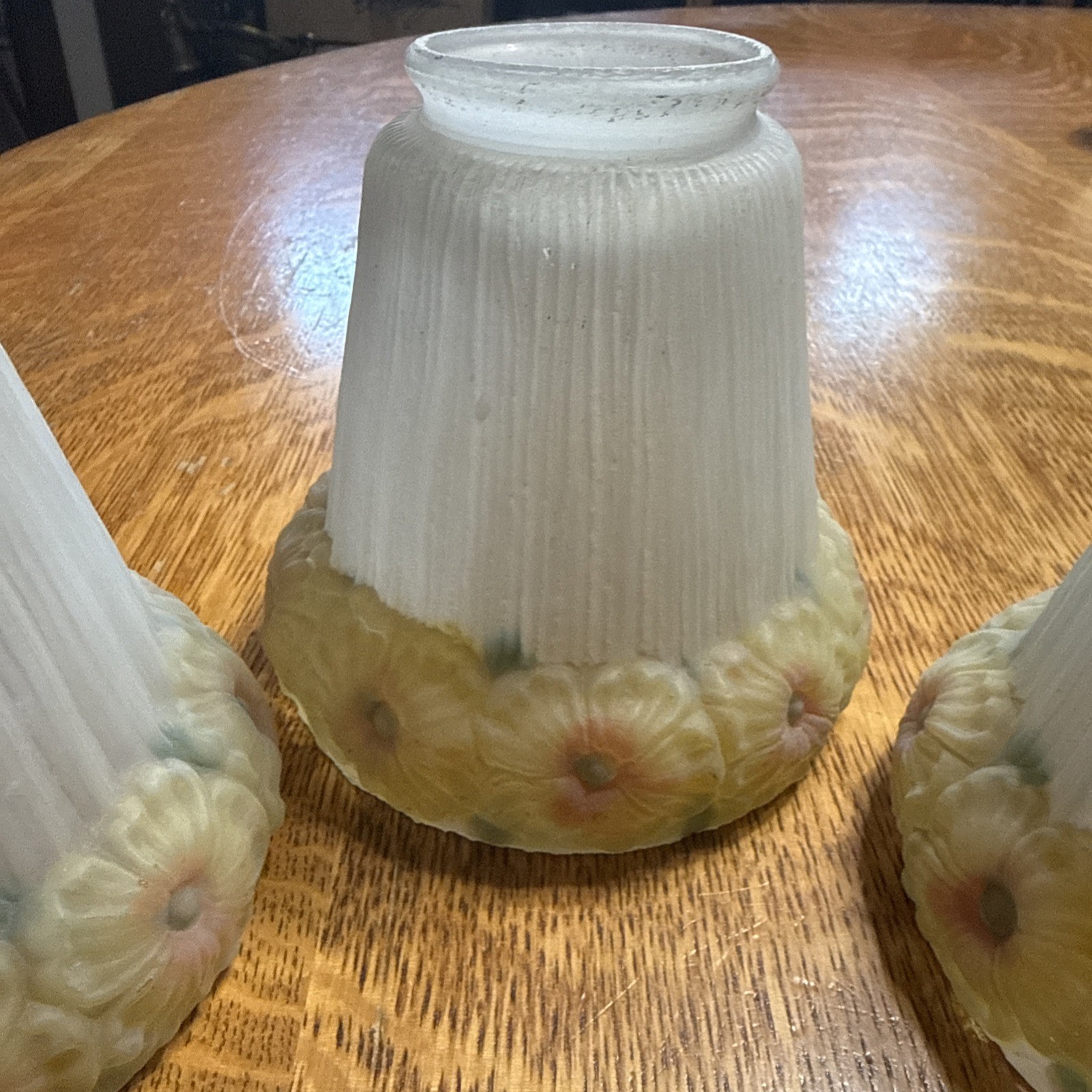 Antique Set 3 Reverse Painted Glass 4 5/8" Shades Yellow Flowers 2-1/4" Fitter