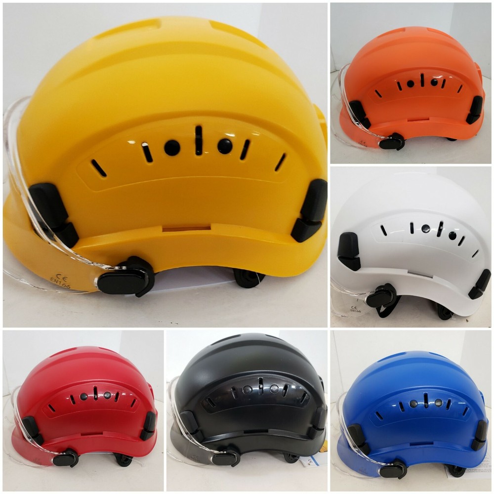 Arborist climber helmet with eye protection visor.