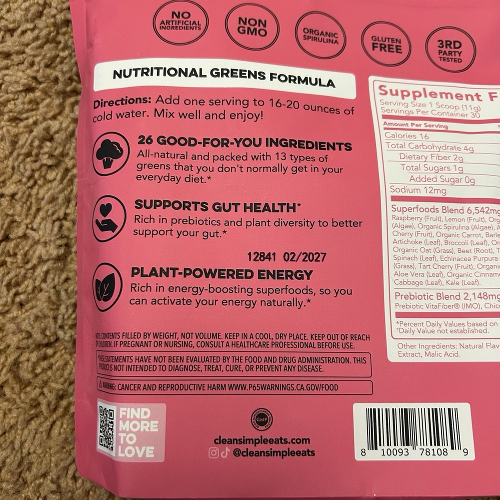 Clean Simple Eats Greens Powder Raspberry Lemonade 30 Servings 11.6oz