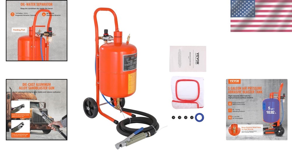 Portable 5 Gallon Sand Blaster with Adjustable Pressure & Smooth Operation